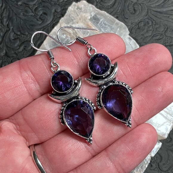 Faceted Amethyst Gemstone Sun and Lunar Crescent Moon Earrings (66 10165) - Picture 1 of 9